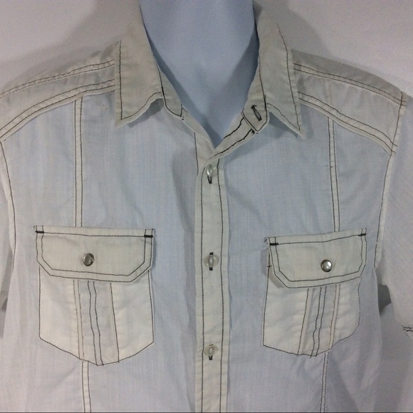 Chalc Medium Button Down Shirt Short Sleeve White Black Stitching Western - Picture 2 of 7